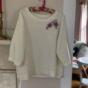 Linen Top with Embroidered Flowers